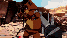 a brown teddy bear holding a large sword in a video game