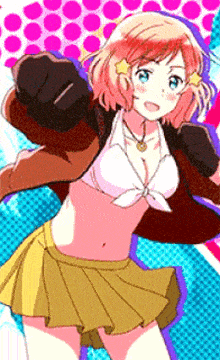 a girl with red hair and blue eyes is wearing a yellow skirt and a brown jacket