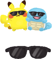 a pikachu and a squirtle wearing sunglasses next to a pair of sunglasses