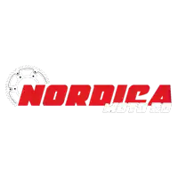 a red and white logo for nordica with a circle in the middle