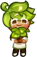 a cartoon character with green leaves on their head