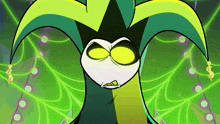 a cartoon character is wearing a green and yellow jester hat with dollar signs on it