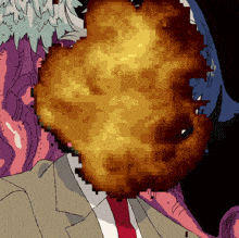 a pixel art drawing of a man in a suit and tie with a flame coming out of his mouth