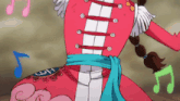 a cartoon character in a pink dress is dancing with music notes behind her .