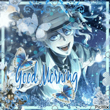 a picture that says good morning with a man in a hat
