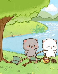 a cartoon drawing of two cats fishing by a lake