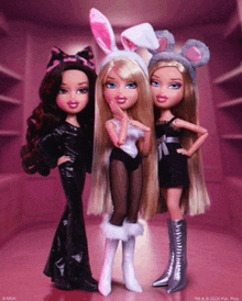 three bratz dolls are standing next to each other in a pink room