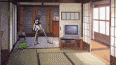 a maid is using a vacuum in a living room