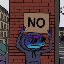 a cartoon character is holding a sign that says no