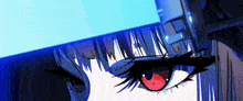 a close up of a girl 's face with red eyes and a blue background