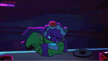 a cartoon character is sitting at a table with his arms crossed and looking sad .