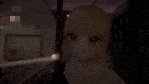a girl with blonde hair and red eyes is holding a stick in her hand
