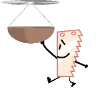 a cartoon character holding a bowl and a saw