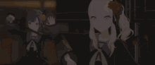 two anime girls are standing next to each other and one has a red rose in her hair .