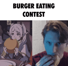 a picture of a girl eating a hamburger and a picture of a man eating a hamburger