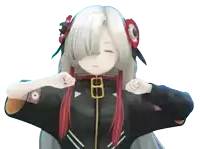 a girl with white hair and red ribbons in her hair has the letter b on her jacket
