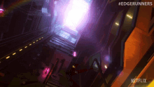 a netflix advertisement for edgerunners shows a purple light coming out of a building