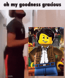 a man is standing next to a picture of a lego man and says oh my goodness gracious