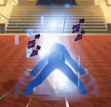 a person is standing in front of a staircase in a video game with a blue light coming out of their legs .