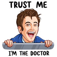 a cartoon of a man with the words trust me i 'm the doctor above him