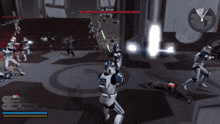 a video game is being played with a clone trooper holding a gun
