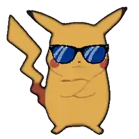 a pikachu wearing sunglasses is standing with his arm crossed
