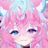 a close up of a pink and blue anime girl