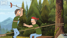 a cartoon of two men pulling a rope with the word [ as ] on the bottom right
