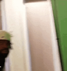 a person is standing in a room with a green wall .