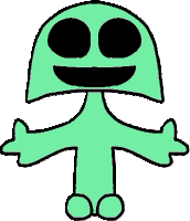 a green cartoon character with black eyes and a smile on its face .