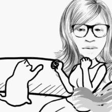 a black and white drawing of a woman with glasses and a cat