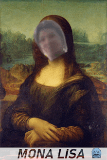 a painting of a woman with a plastic bag on her face and the words mona lisa below it