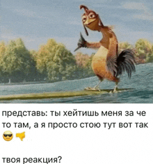a cartoon of a rooster giving a thumbs up in the water
