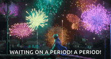 a woman is sitting on a bridge watching fireworks with the words waiting on a period ! a period .