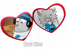 a heart shaped mirror with a picture of a cartoon character and the words now kiss