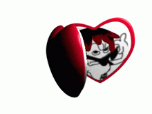 two heart shaped mirrors with drawings of a girl and a dog