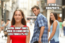 a man and a woman are walking down a street with the caption " other swapbots "