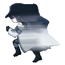 a person wearing a hat and a trench coat is running .