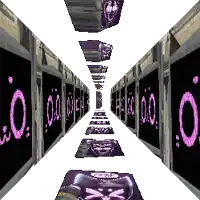 a long hallway with purple signs that say o.o.o.o.o.o.o.o.o.o.