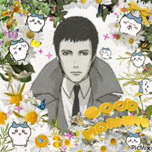 a man in a suit and tie is surrounded by daisies and butterflies with the words good morning written below him