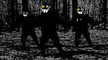 a black and white image of a group of people with yellow eyes