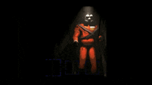 a man in a gas mask is holding a gun and has the letters ed on his shirt