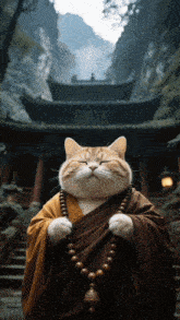 a cat dressed as a monk holds a necklace in front of a temple
