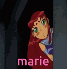 a cartoon character named marie is peeking out from behind a door