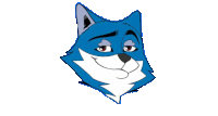 a drawing of a blue and white fox with a smirk on its face