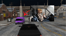a screenshot of a video game shows a man in a purple van with a bottle of alcohol