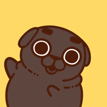 a cartoon drawing of a pug dog with big eyes on a yellow background