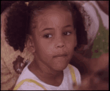 a little girl with pigtails looks at the camera with a serious look on her face