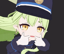 a cartoon character with green hair wearing a police hat and gloves