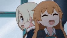 two anime girls are standing next to each other and one is laughing